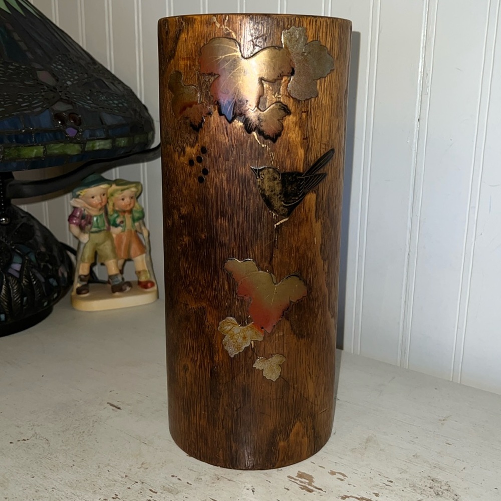 Gorgeous Vintage inlaid solid wood copper tall vase Japan 11.5” x 5”